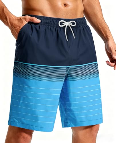 CoozySphere Men's 7-Inch Navy Blue Stripe Quick Dry Board Shorts with Mesh Lining - Large