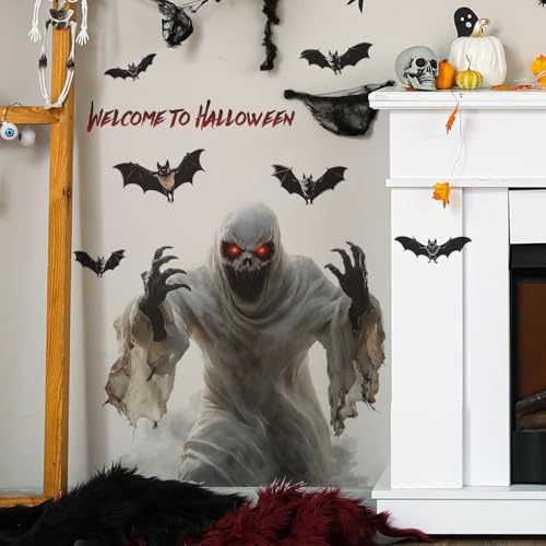 Halloween Wall Decals Scary Ghost with Red Eyes and Bats ? Spooky Horror Wall Stickers for Haunted House, Living Room, Party Decorations, Removable Halloween Decor