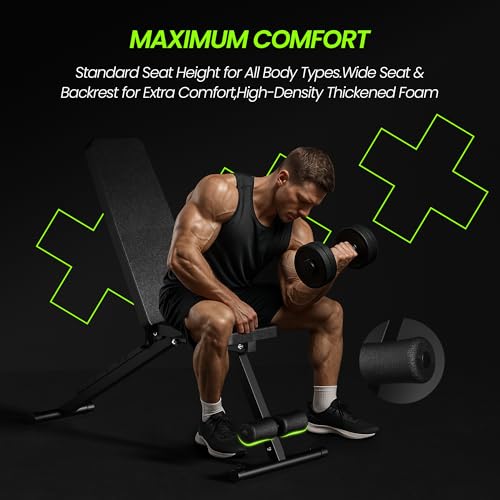 Adjustable Weight Bench - Foldable Incline Decline Flat Bench with Resistance Bands for Strength Training