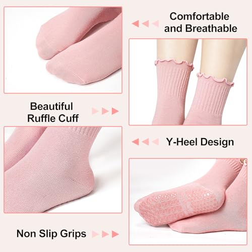 Non-Slip Yoga Socks with Grips - Ruffle Cuff, 2 Pairs, Purple+Pink