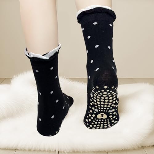 Non-Slip Polka Dot Yoga Socks for Women - Ruffle Crew Style, One Size / Black Dots & Grids