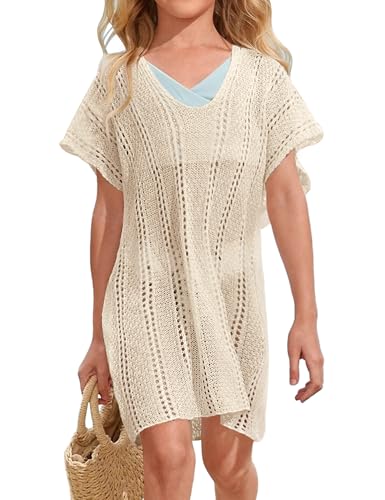 SECRETEYARD Girls Crochet Swim Cover Up - Beige 13-14 Years