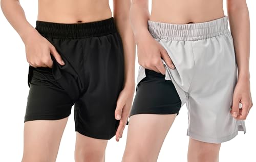 IRELIA Boys Compression Zipper Pocket Shorts - 2 Pack, Black/Light Grey, Size 10-12