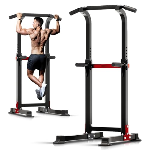 Adjustable Pull Up Bar Dip Station - Black & Red