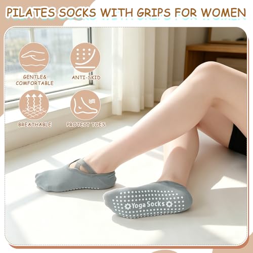 Pilates Grip Socks for Women - 4 Pairs with Cross Straps