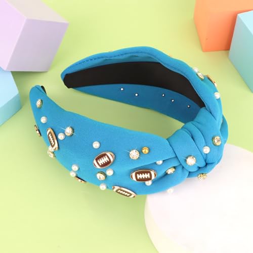 Football Knotted Headband - Crystal Jeweled Sports Hair Accessory - Blue Lion
