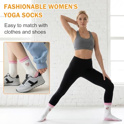 Anti-Slip Pilates Socks for Women - Breathable Yoga Socks - Pink Bear