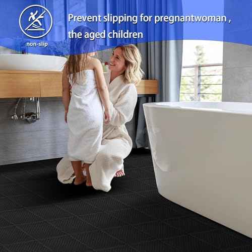 16 PCS Modular Interlocking Cushion Interlocking Floor Tiles with Hole Drainage Tiles Mat 10" x 10" Non Slip Pool Deck Mat Outdoor for Drain Deck Pool Patio Shower Kitchen Balcony(Black)