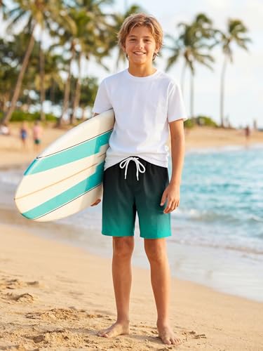Boys Swim Trunks with Boxer Liner - Gradient Emerald, UPF 50+