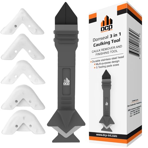 DCP Donseal 3 in 1 Caulking Tool Kit ? Silicone Caulking Tool for Removal, Scraping & Finishing ? Precise Caulk Remover & Applicator with 5 Tooling Pads ? Stainless Steel Caulk Scraper for Smooth Seal