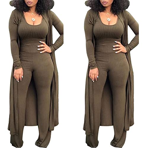 HANMAX Women’s Winter Knit Tracksuit Set - Blazer Coat & Long Pants, Army Green, Large