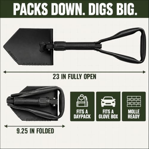 USGI Industries Tri-Fold Military E-Tool Folding Serrated Tactical Shovel – Compact Outdoor Digging Tool