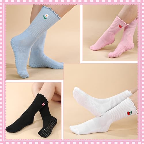 Cute Non-Slip Pilates Grippy Socks for Women - 4 Pairs, Black+White+Blue+Pink