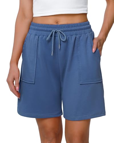 Cowasto Womens High Waisted Sweat Shorts Bermuda with Pockets Drawstring Blue (1-Pack, Med)