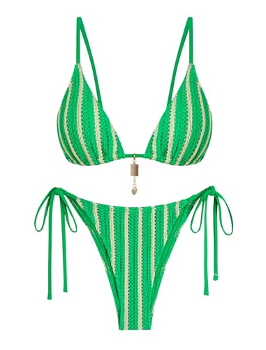 ZAFUL Crochet Bikini Sets for Women Large A-Green - Boho High-Waisted Swimsuit