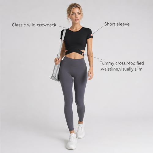 DREAM SLIM Medium Black Short Sleeve Crop Top for Women - Fitted Yoga & Workout Shirt