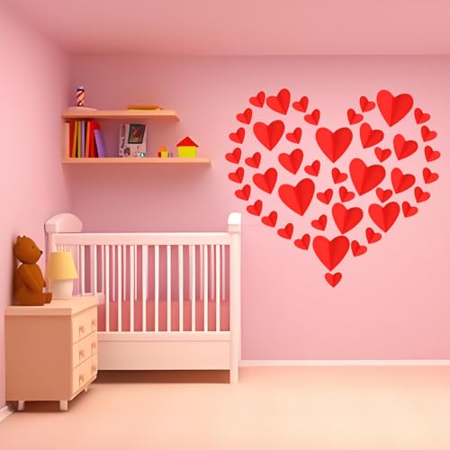 72 Pcs Valentine's Day Wall Decoration, 3D Heart Valentine Wall Stickers, Waterproof Wall Decals, for Wedding Anniversary Party Bedroom School Office Valentine's Day Decorations (Red)