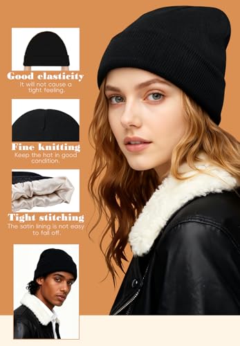 Satin Lined Beanie for Women - Frizz-Free Knit Winter Hat - Black