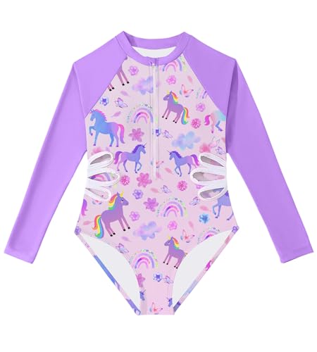 Girls 7-8 Years Purple Unicorn Long Sleeve Swimsuit with Rash Guard - Kids One Piece Swimwear