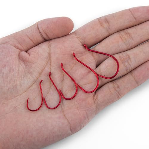 Offset Octopus Fishing Hooks - 100 Pack, Red #2 for Freshwater & Saltwater