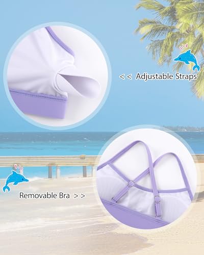Girls Purple Rash Guard Swimsuit 3-Piece Tankini Set with Skirt, Ages 13-14