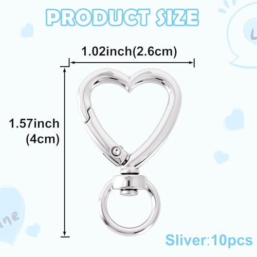 Heart Shape Keychain Clips - Silver, 10PCS Heart Spring Snap Hooks