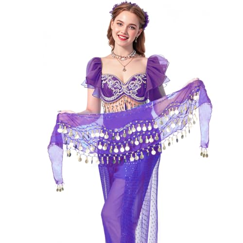 Belly Dance Hip Scarf with Sequins Coins - Purple