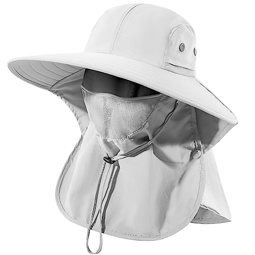Wide Brim Sun Hat with Face Cover & Neck Flap - Light Gray