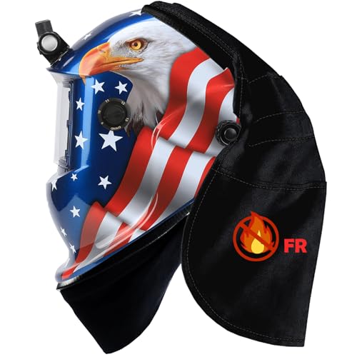 WR01B Welding Helmet Auto Darkening with LED Light True Color Solar Powered Welder Hood with Adjustable Shade Range 4/9-13 for Mig Tig Arc Welding Mask (Blue Eagle +Head Cover)