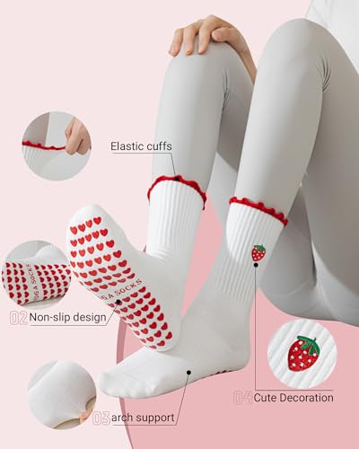 Non-Slip Pilates Grip Socks with Ruffle Trim - Strawberry, One Size