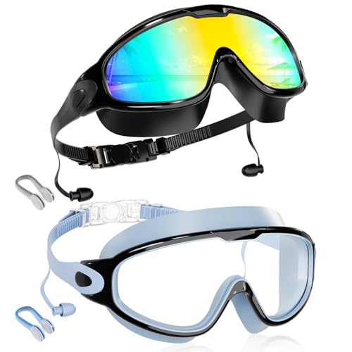 Aegend Kids Swim Goggles 2 Pack - Wide View, Anti-Fog, UV Protection, No Leak, Ear Plugs - Aqua & Light Blue, Ages 3-14
