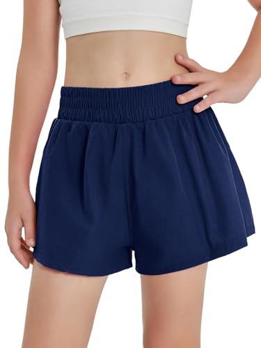 High Waist Girls Athletic Shorts - 2 in 1 Running Shorts, Navy Blue, 10-12 Years