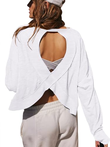 LASLULU Women's White Small Open Back Long Sleeve Athletic Crop Top for Workout