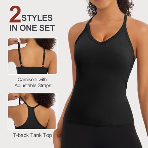 Missclub 2-Pack Women’s Workout Tank Tops with Built-in Bra, V-Neck Ribbed, Set B, Medium