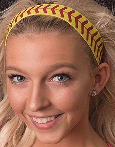 No Slip Softball Headband for Girls - Yellow with Red Stitching