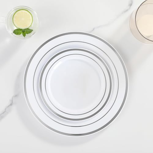 AOZITA Silver Plastic Party Plates 10 Inch Disposable Set - 200 pcs