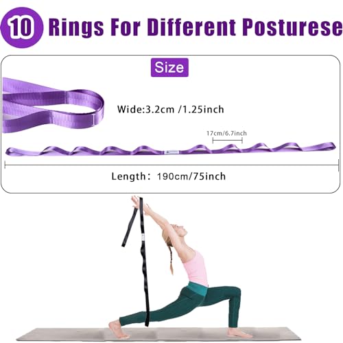 Yoga Stretching Strap with 10 Loops - Purple Non-Elastic Band