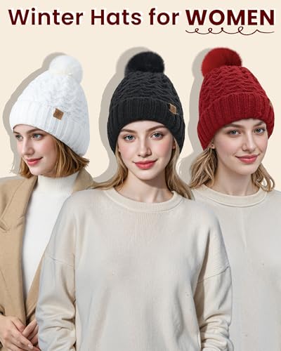 Womens Winter Beanie Hat - Soft Warm Knit Cap with Faux Fur Pom Poms - Black