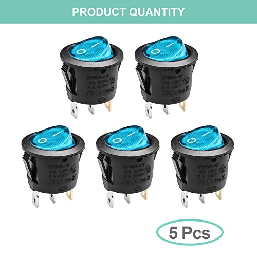 3-Pin On/Off Rocker Toggle Switch with Blue LED - 5 Pack