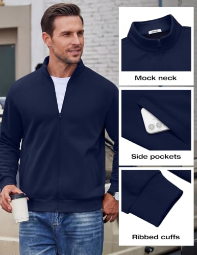 COOFANDY Mens Zip Up Lightweight Fleece Jacket Navy Large