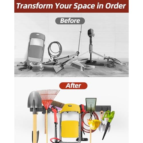 48-Inch Garage Storage Tool Organizer with 8 Hooks - Heavy Duty Metal Rack for Garage Organization, Garden Tool Organizer - Wall Mounted Tool Hanger for Shovels, Ladders, Lawn Tools