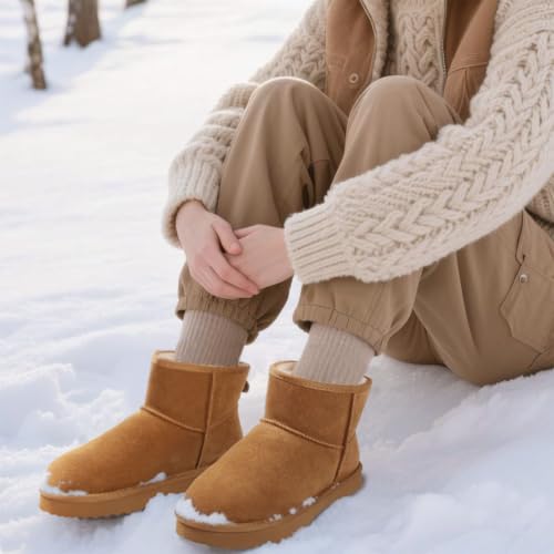 KIDMI Women's Suede Mini Snow Boots with Fur Lining, Chestnut, Size 7.5-8