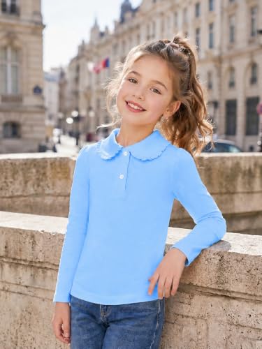 Girls Sky Blue Long Sleeve Polo Shirt with Ruffle Peter Pan Collar - 7-8 Years