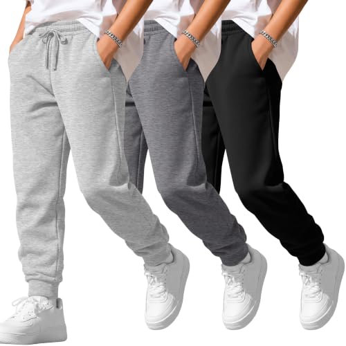 LessonZoo Boys' Athletic Joggers Sweatpants 3-Pack - Grey & Black, Large