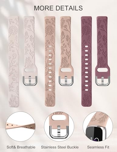 Minyee 3-Pack Fitbit Luxe Bands Waterproof Soft Silicone Floral Engraved Dandelion Wristbands (Starlight/Nude/Violet Smoke) 5.3-7.6"