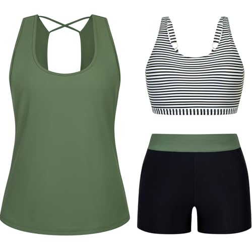 Arolina 3-Piece Tankini Swimsuit Set for Women - White Stripes, Large