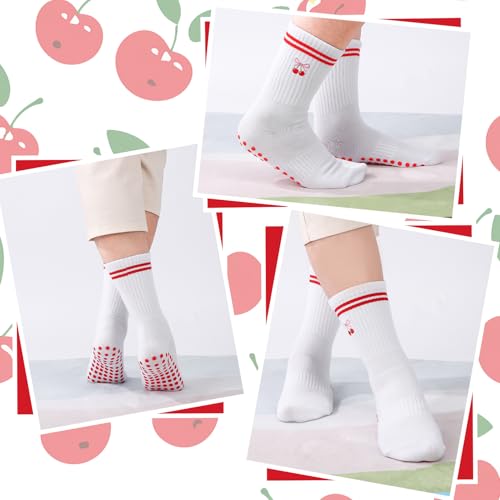 Non-Slip Pilates Yoga Socks for Women with Grips - Red Cherry
