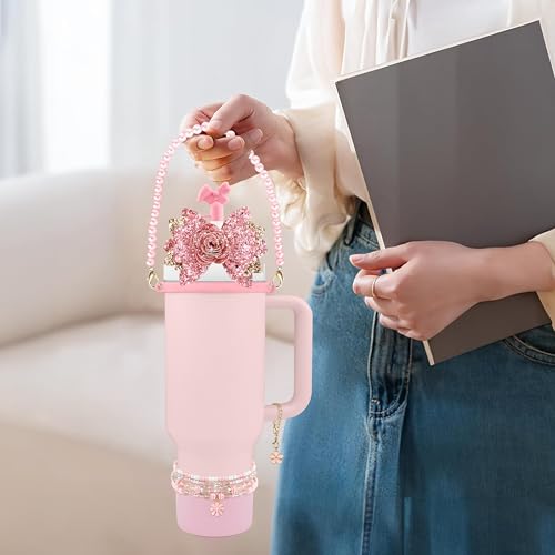 10-Piece Pink Flower Accessories Set for Stanley Cup 30/40oz Tumbler