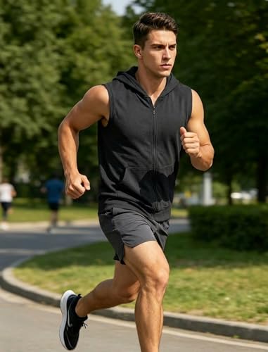 Lexiart Men's Workout Hooded Tank Top Zip Up Slim Sleeveless Hoodie Large Black