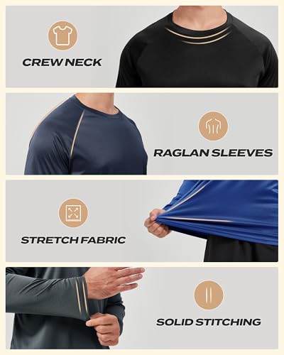 Men's Long Sleeve Quick Dry UV Protection Workout T-Shirt - Large Black